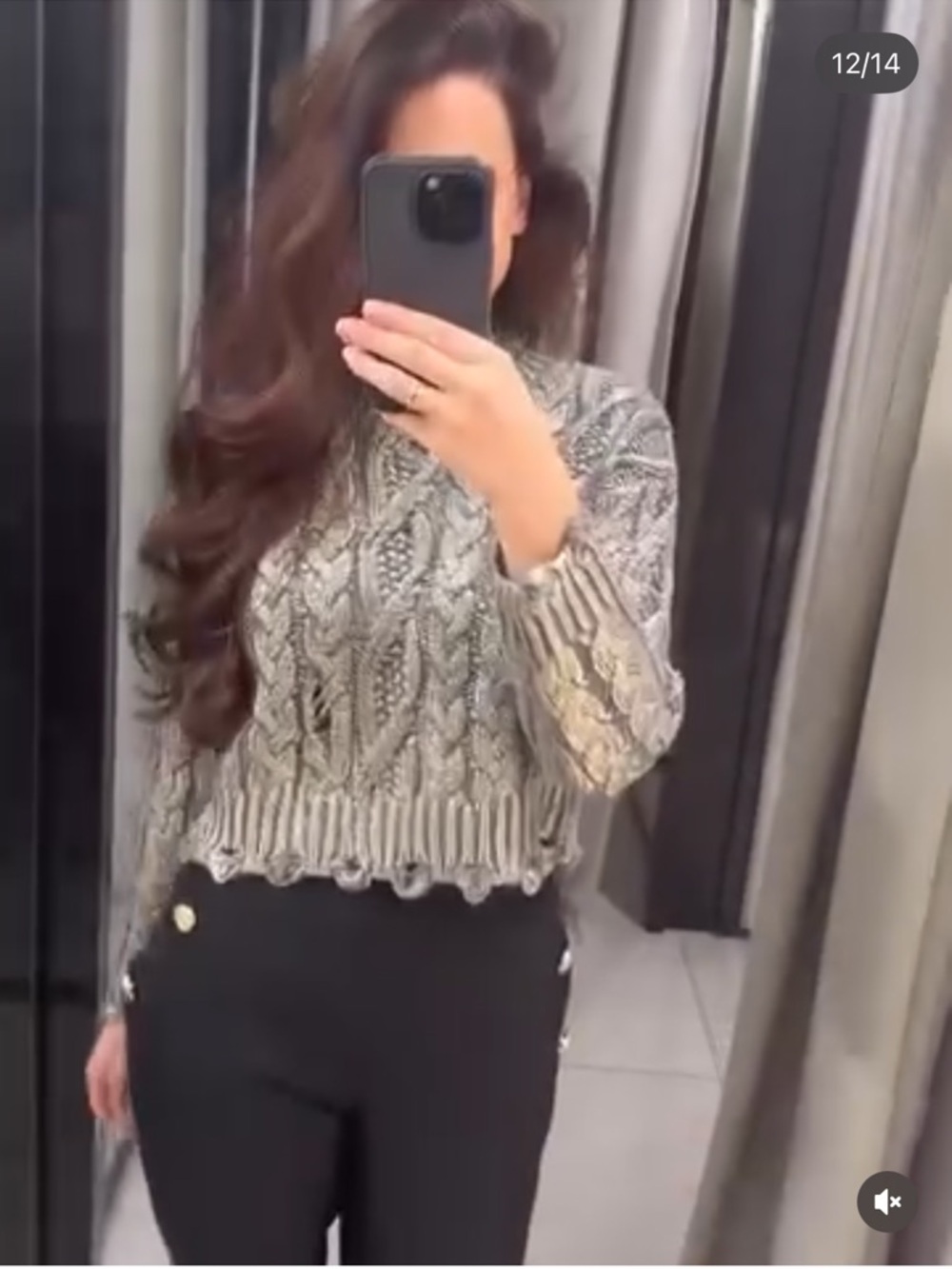 Zara Grey Gold Metallic Cable Knit Sweater Cropped Size Small